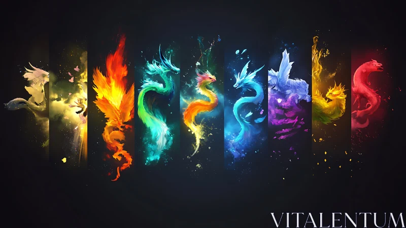 Elemental phoenix spirits rendered in chromatic energy bands.