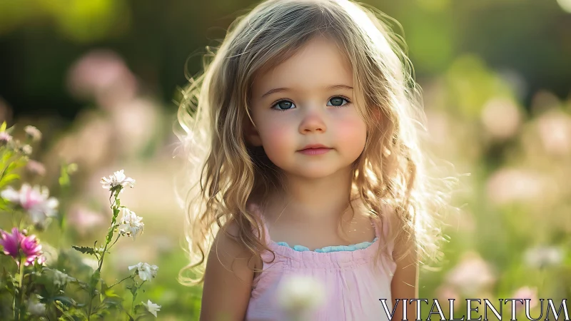 Young child with blonde wavy hair standing among flowers