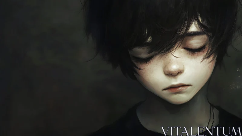 Melancholic child portrait with closed eyes in shadowed tones.