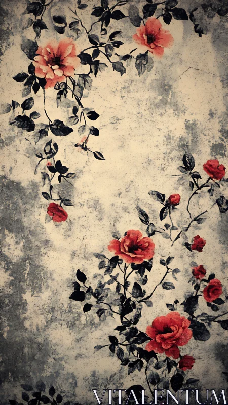 Red roses climb across distressed vintage wall surface