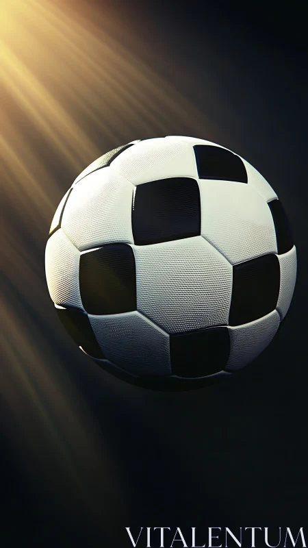 Lone soccer ball suspended under dramatic stadium light.