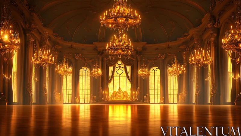Golden palace ballroom glows under lavish chandeliers.