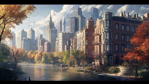 Urban riverside skyline integrates autumn foliage and historic brownstones