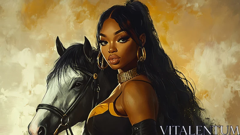 Regal woman stands beside white horse against golden backdrop