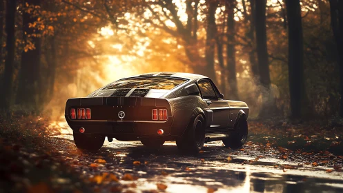Autumn-lit muscle car idling on a golden forest lane.