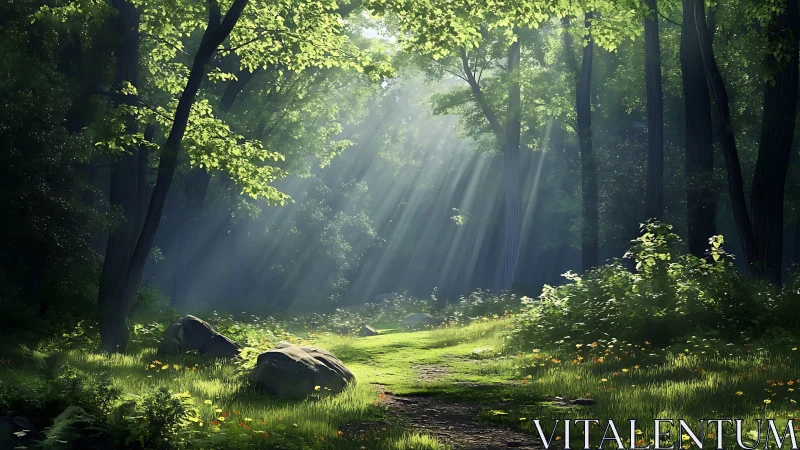 Forest clearing with atmospheric light penetration through canopy.