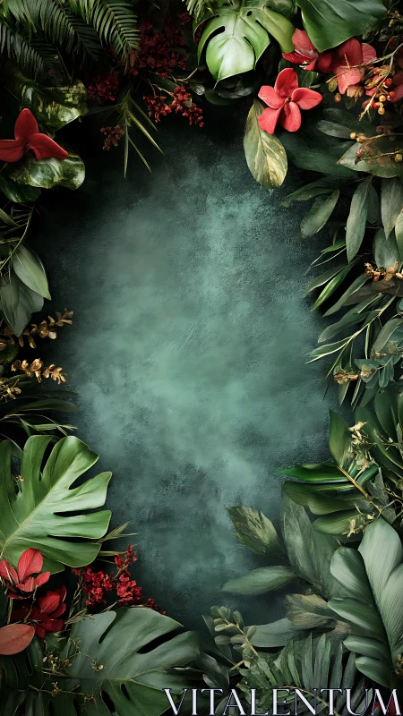 Lush tropical foliage frame with central teal background.