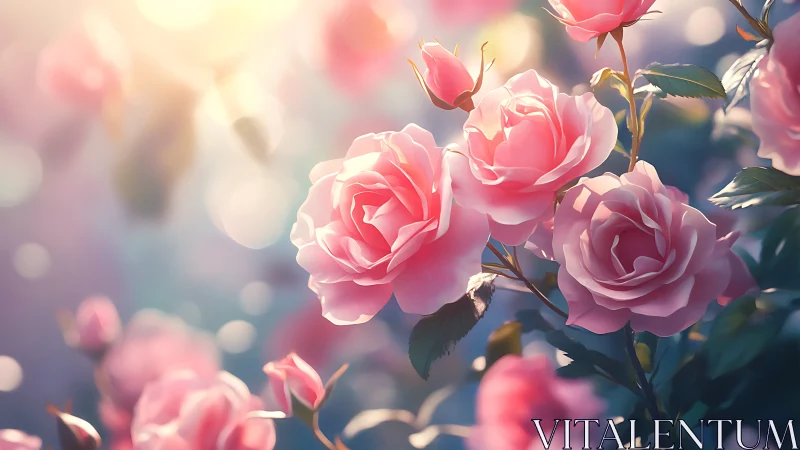 Soft-focus pink roses with backlit blooms and bokeh.