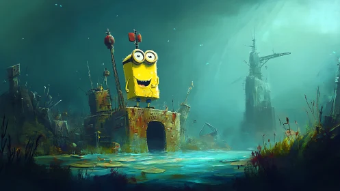 Yellow cartoon figure in flooded post-apocalyptic ruins.