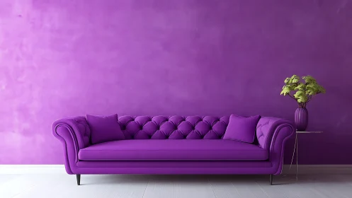 Purple tufted sofa against monochrome violet wall interior.