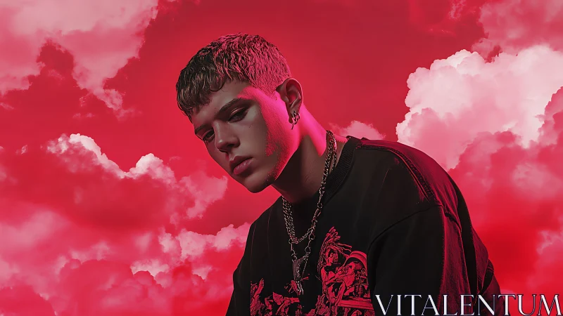 Moody portrait drifting through bold neon red clouds.