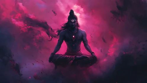 Serene cosmic yogi resting in glowing pink celestial clouds.