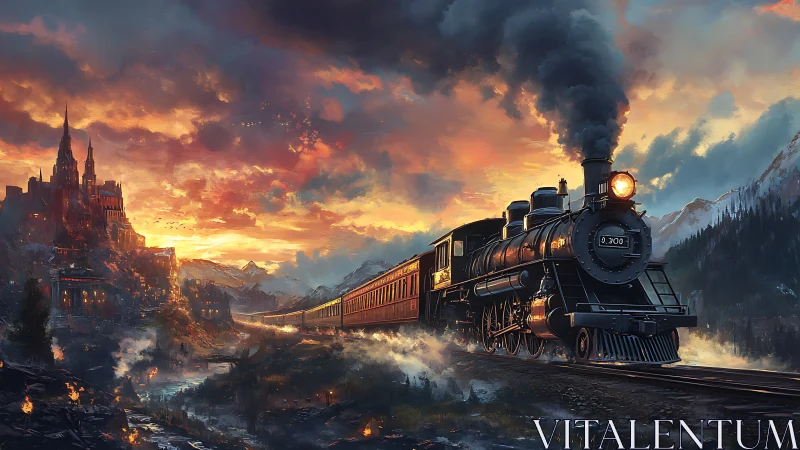 Steamlit night express crossing ember kissed mountain realm.