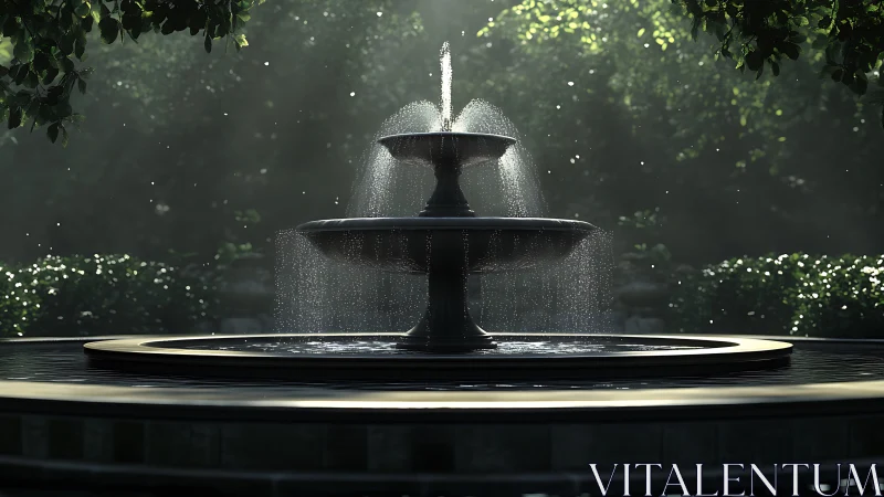 Tiered garden fountain in soft morning backlight.