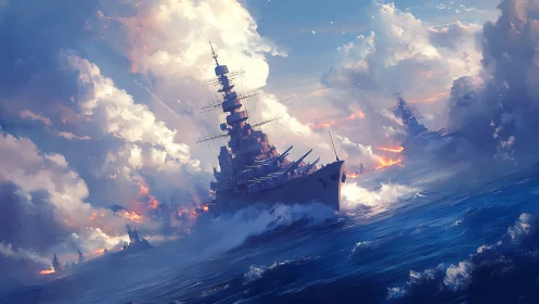 Stormlit battleships charge through blazing ocean combat