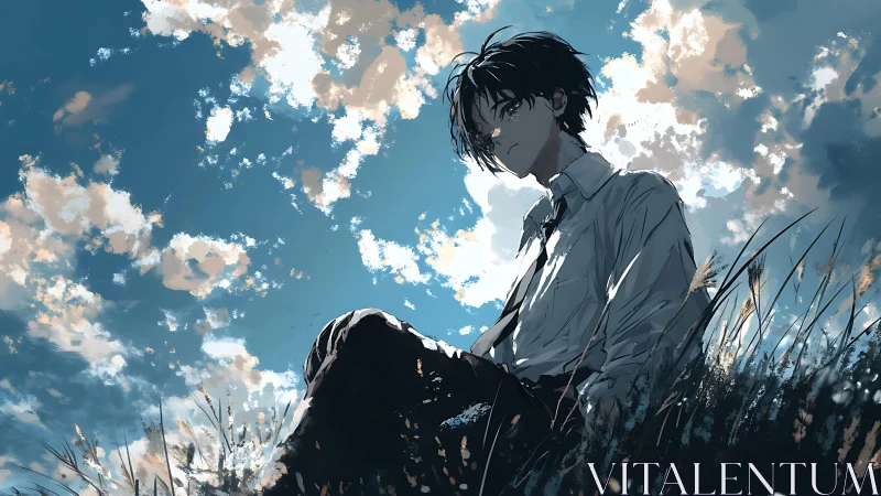 Backlit anime youth under cumuliform sky in field perspective.