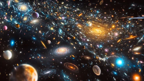 Multiverse starfield with dense spiral galaxies and planets
