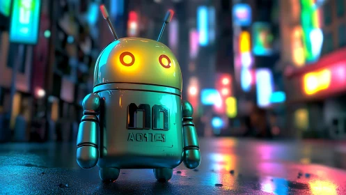 Chromed robot glows under neon city lights at night streets
