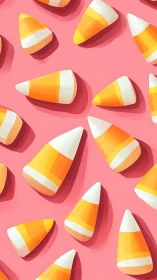 Cheerful candy corn treats scattered on vibrant pink background