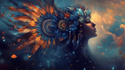 Ethereal profile portrait with radiant feathered headdress.