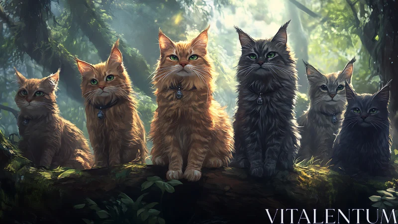 Mystical Forest Warriors: Six Enchanted Cats in Luminous Woodland.