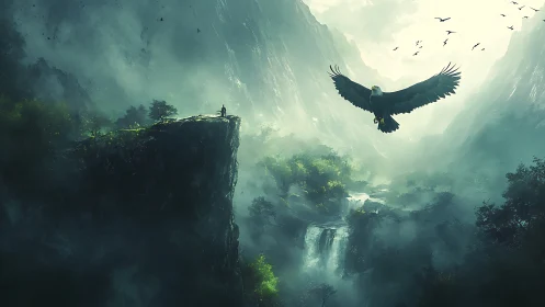 Human figure on cliff facing large eagle over misty valley.