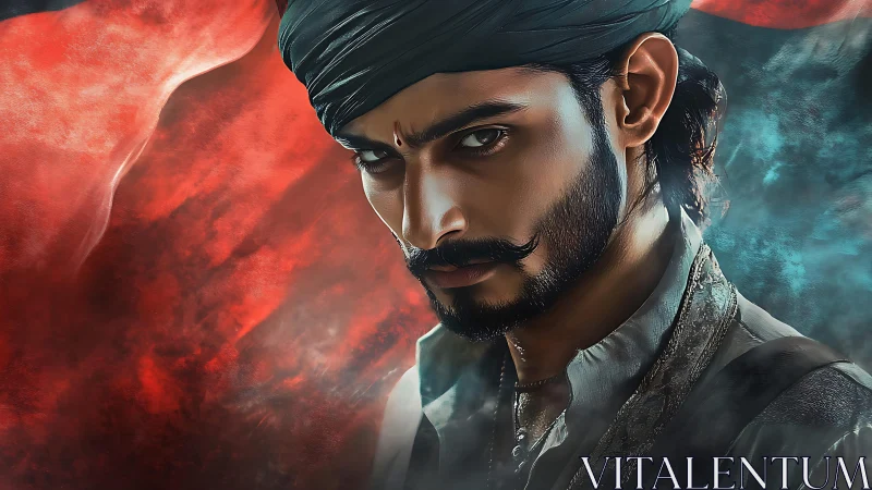 Intense warrior portrait with red and blue smoke background.