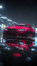 Neon-lit red sports coupe in cinematic rainy street scene.