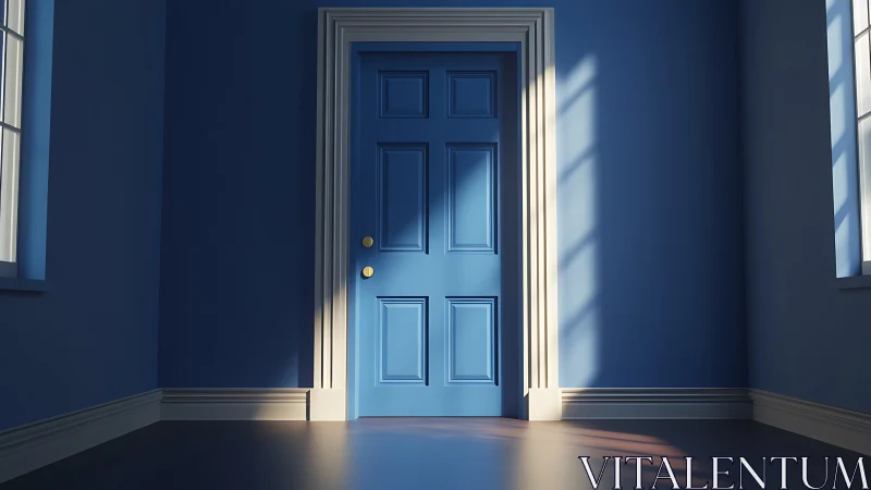 Sunlit blue door waits in a quiet, dream-bright hallway.