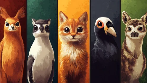 Digital Wildlife Portrait Series. Five Stylized Animal Heads.