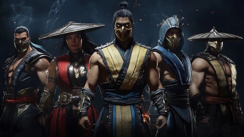 Armored ninja warriors pose in dramatic stormlit formation.