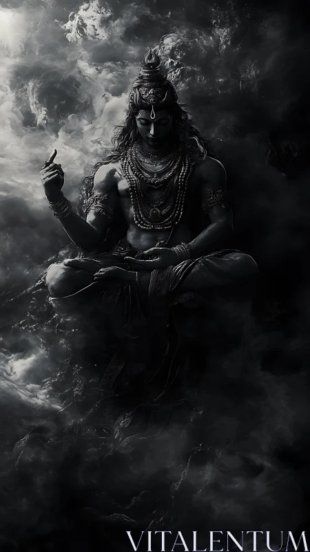 Monochrome astral yogic deity amid volumetric storm clouds.