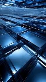 Blue reflective glass grids forming abstract interior space.