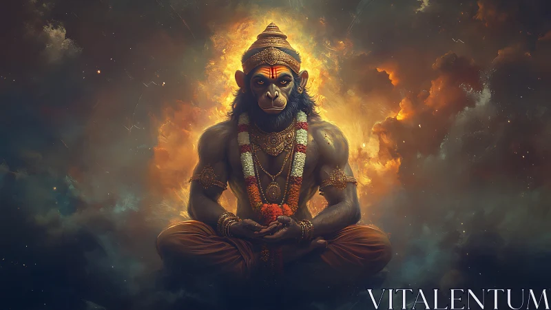 Divine monkey-headed figure seated in fiery cosmic clouds.