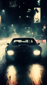 Muscle car cuts neon rain on slick midnight city street.