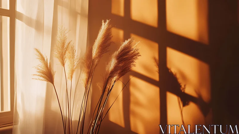 Late-afternoon pampas grass casts elongated shadows indoors