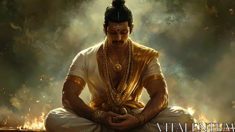 Meditating warrior sage radiates calm amid sacred fire
