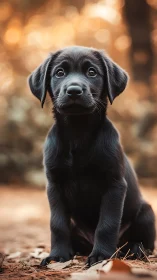 Black puppy sits on ground with blurred autumn background