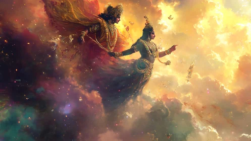 Celestial lovers drifting through a storm of golden light.