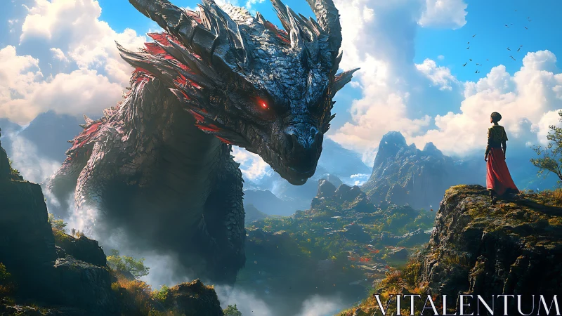 Quiet mountain standoff between a colossal dragon and hero.