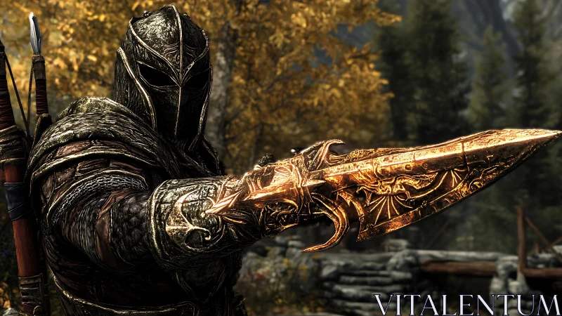 Armored warrior brandishes ornate golden dagger in forest