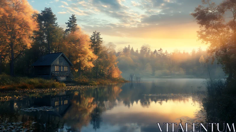 Lakeside cabin rests in golden autumn mist at sunrise