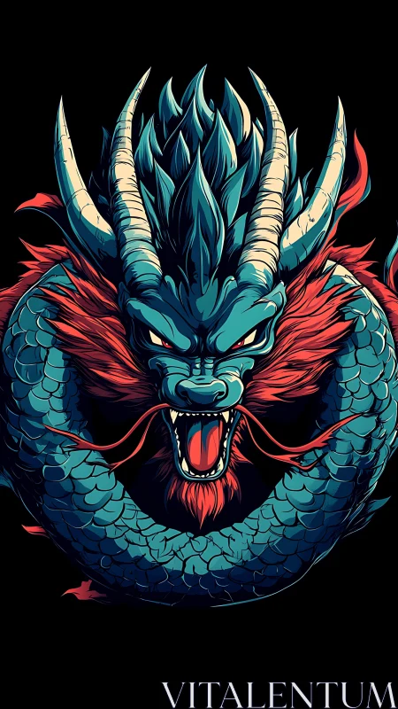 Mythic teal dragon coils in blazing red shadowed void.