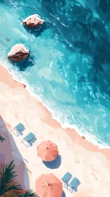 Tropical beach shoreline with chairs, umbrellas, and rocks.