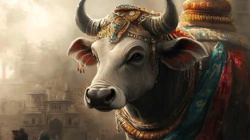 Regal white cow adorned with jeweled finery in mystic city haze