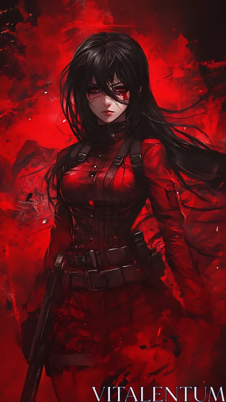 Scarlet-eyed warrior stands in blood-red abstract storm