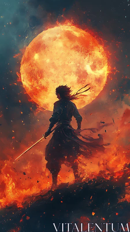 Flaming moon crowns a lone warrior in a storm of embers