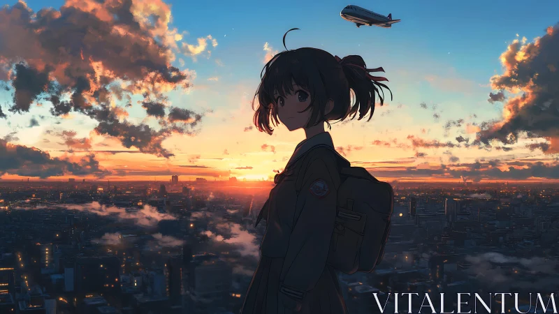 Backlit urban skyline with silhouetted student at sunset.