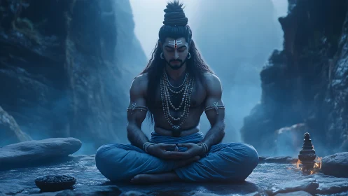 Serene mountain yogi in deep blue dawn meditation.