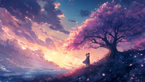 Romantic couple under glowing cherry blossom sunset sky.
